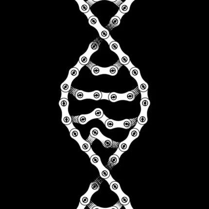 White bicycle chain links forming a DNA double helix on a black background