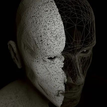 Face split between a speckled white surface and a dark wireframe mesh