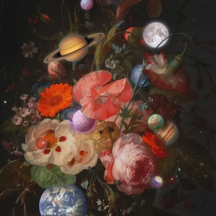 Classic flower bouquet in a vase with ringed planets and moons among the blossoms