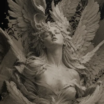 Gothic stone angel statue with large feathered wings in monochrome