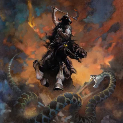 Armored knight raising a sword on a rearing horse facing a giant serpent under a stormy sky