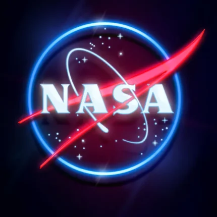 NASA logo in glowing blue and red neon on a dark starry background