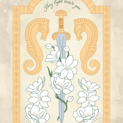 Sword wrapped with white flowers in an ornate golden arch frame illustration