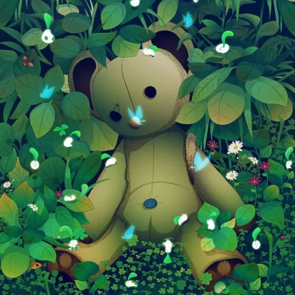 Teddy bear sitting in a lush green garden with glowing blue butterflies