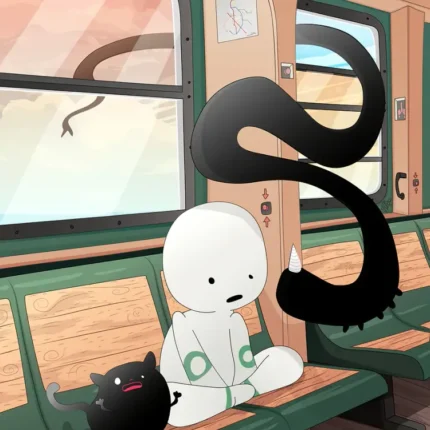 White spirit and black cat on green train seats with a black tendril and sunset windows