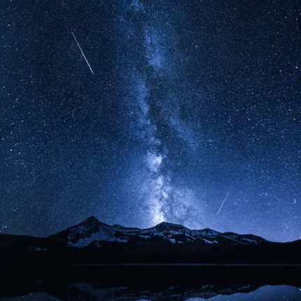 Milky Way and shooting stars above snowy mountains reflected in a calm lake