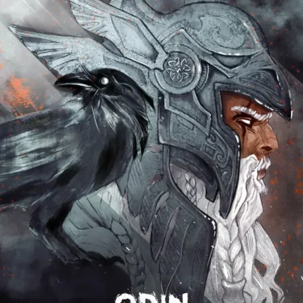 Odin Allfather in a winged helmet with a black raven on a smoky gray background