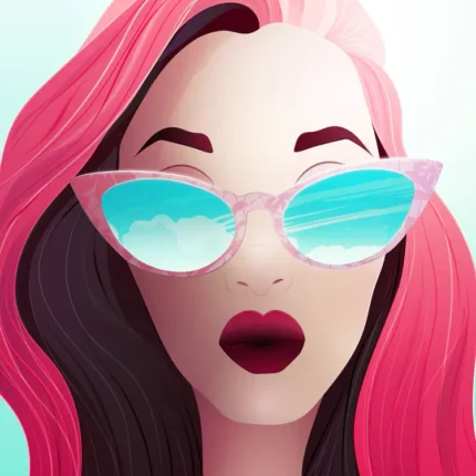 Portrait of a woman with long pink hair and cat-eye sunglasses reflecting blue sky and clouds