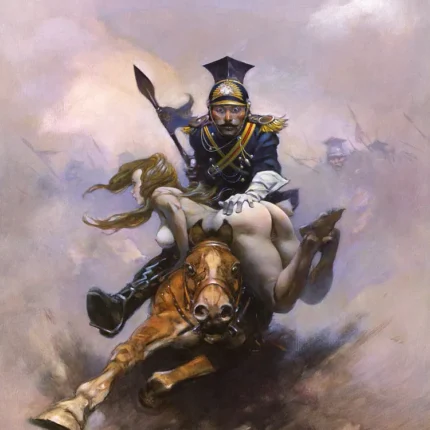 Rider in a plumed helmet and blue uniform galloping on a chestnut horse through hazy purple clouds