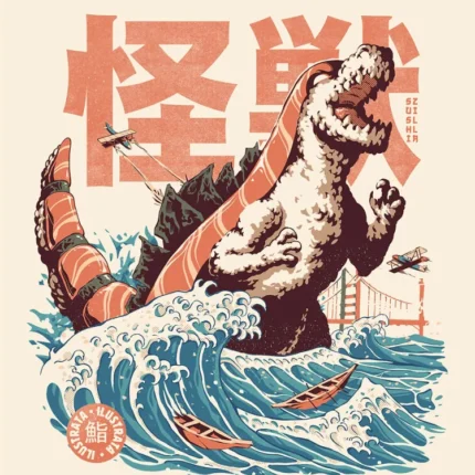 Giant kaiju monster with salmon sushi on its back roaring above blue waves with kanji