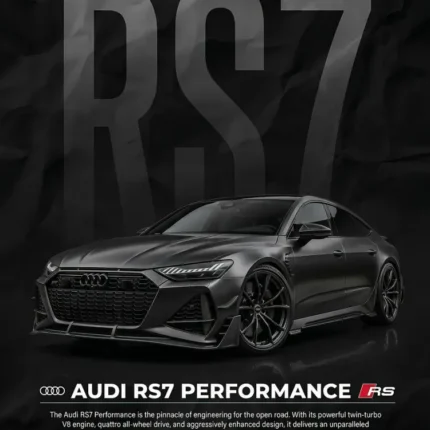 Dark grey Audi RS7 Performance under a giant RS7 title with specification boxes