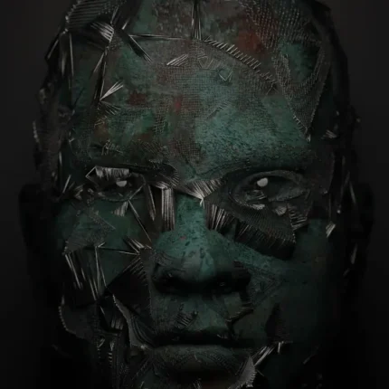 Dark portrait of a face covered in cracked glass shards with a green tint