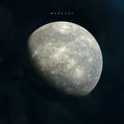 Grey cratered planet Mercury partly in shadow on a dark blue space background