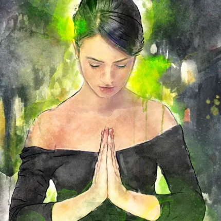 Watercolor portrait of a woman with palms together and lowered eyes against a green glow