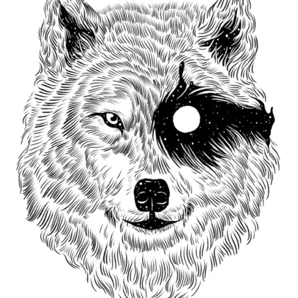 Black and white ink wolf face with one eye replaced by a starry sky and moon