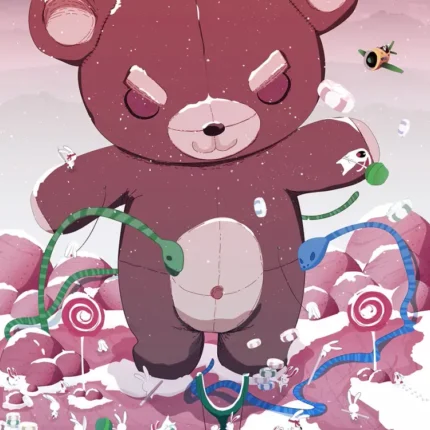 Giant pink teddy bear among lollipops and candy hills