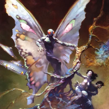 Humanoid with large butterfly wings above a couple among tangled roots in a dark fantasy painting