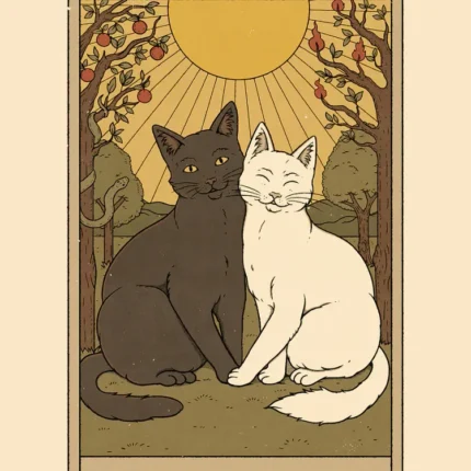 Tarot card The Lovers with a black cat and a white cat under a sun between trees