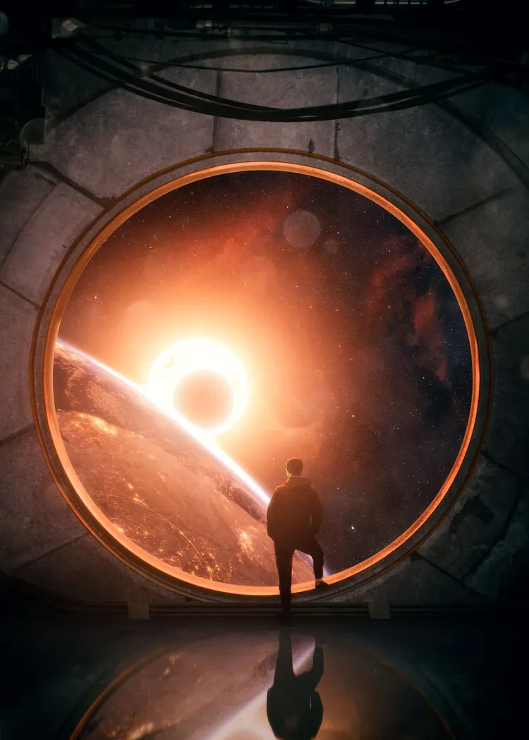 Window into a Black Hole Space Station Sci-Fi Poster Silhouette facing a round spaceship window with a glowing sun and planet