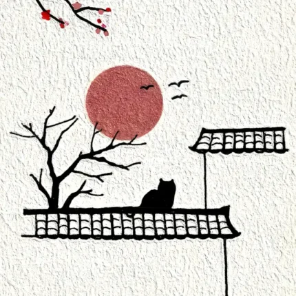 Black cat on a tiled roof in front of a red sun in Japanese ink style
