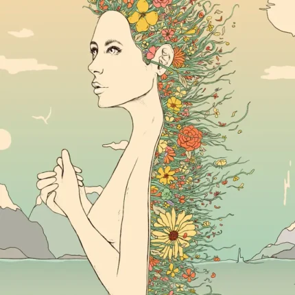 Woman in profile with hair made of colorful wildflowers in front of the sea and mountains