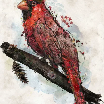 Watercolor illustration of a red cardinal bird perched on a branch with a pine cone