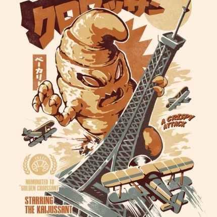 Giant croissant monster climbing a tower with biplanes in a retro kaiju poster