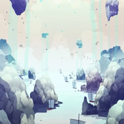 Floating purple rocks above a misty river valley with rocky cliffs and small sailboats