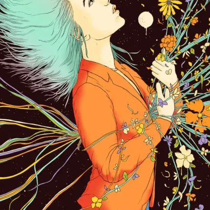 Woman with teal hair and an orange jacket holding wildflowers with colorful threads, looking at the moon