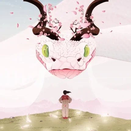 White dragon with horns and cherry blossoms above a small figure in a meadow