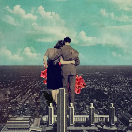 Couple hugging above an aerial view of a large city under a turquoise cloudy sky
