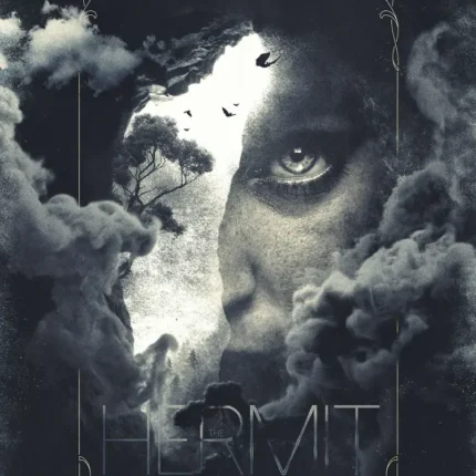 Hermit tarot poster with a face blending into clouds, a tree and birds in black and white