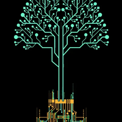 Green tree with circuit board roots on a black background