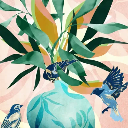 Teal vase with green and golden leaves and three blue birds against a peach background