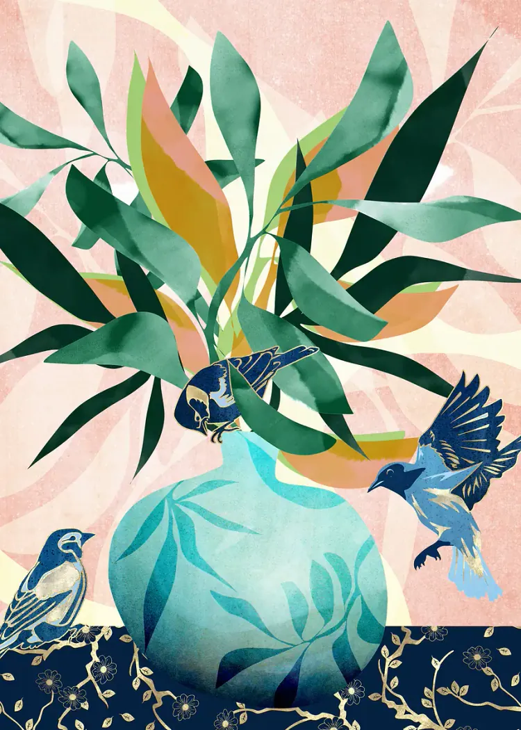 Teal Vase with Green Leaves and Blue Birds Art Poster Teal vase with green and golden leaves and three blue birds against a peach background
