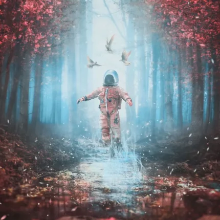 Astronaut walking along a stream in a misty forest with red autumn leaves and birds