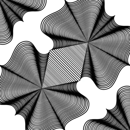 Black concentric line shapes forming a repeating petal pattern on a white background