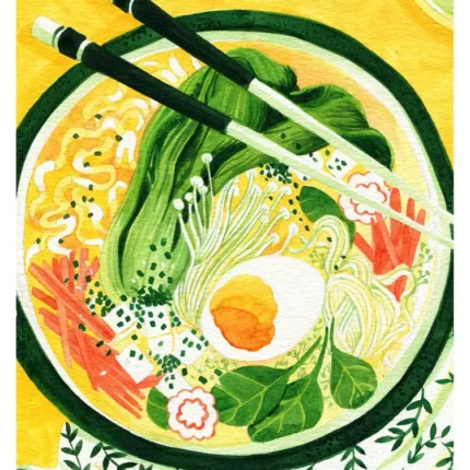 Illustrated ramen bowl with egg, greens and chopsticks on a yellow background