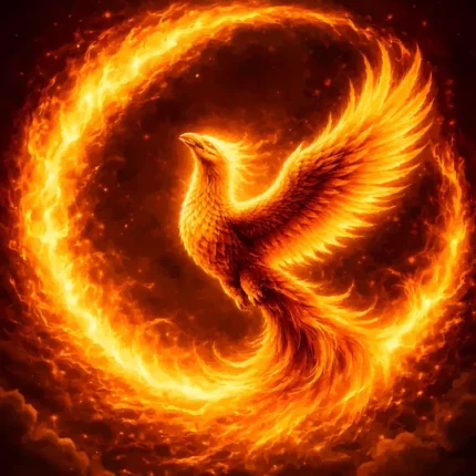 Glowing orange phoenix with spread wings inside a circular ring of fire