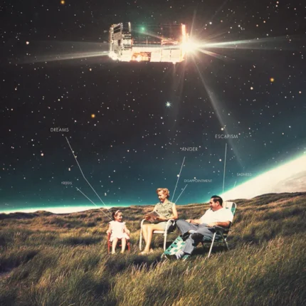 Retro family on lawn chairs on a grassy hill watching a glowing spaceship in a starry sky