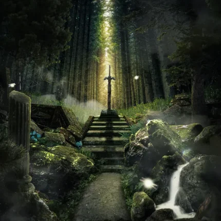 Mossy stone stairs in a dark forest leading to a sword in a beam of golden light