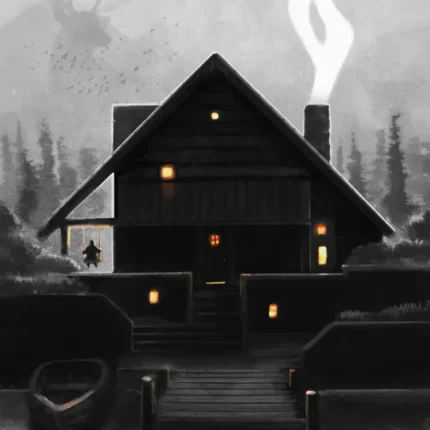 Dark forest cabin with glowing windows by a lake in thick fog with a stag behind
