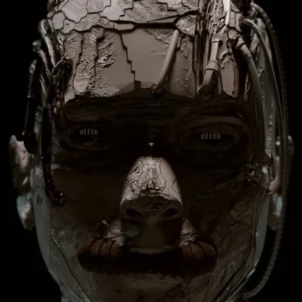 Close-up of a cracked humanoid robot face with exposed wires on a black background