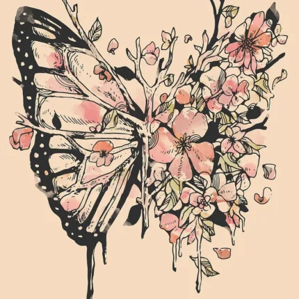 Butterfly with one patterned wing and one wing made of pink blossoms on a peach background