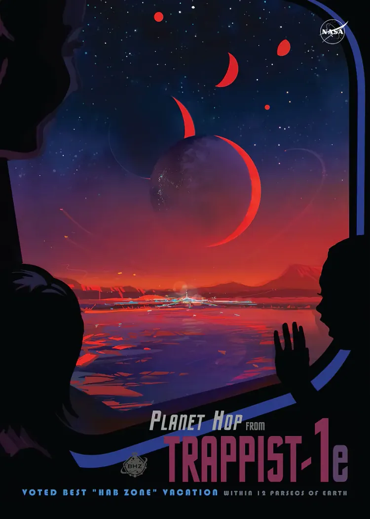 Planet Hop to TRAPPIST-1e Exoplanet Travel Poster TRAPPIST-1e poster with silhouettes at a window looking at large planets in a red and purple sky