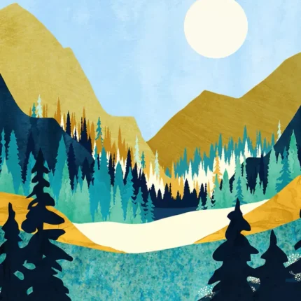 White sun over golden mountains, a teal lake and dark pine trees in a layered valley landscape