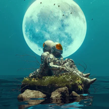 Two astronauts sitting on a small island in the sea beneath a large full moon