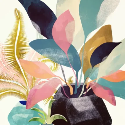 Abstract illustration of a potted plant with pink, teal and navy leaves on a cream background