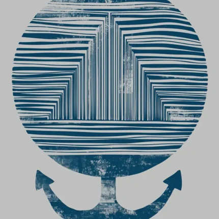 Blue textured anchor beneath a circle of horizontal wave lines on a light grey background