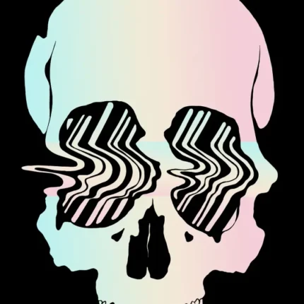 Pastel gradient skull with wavy black and white striped eyes on a black background
